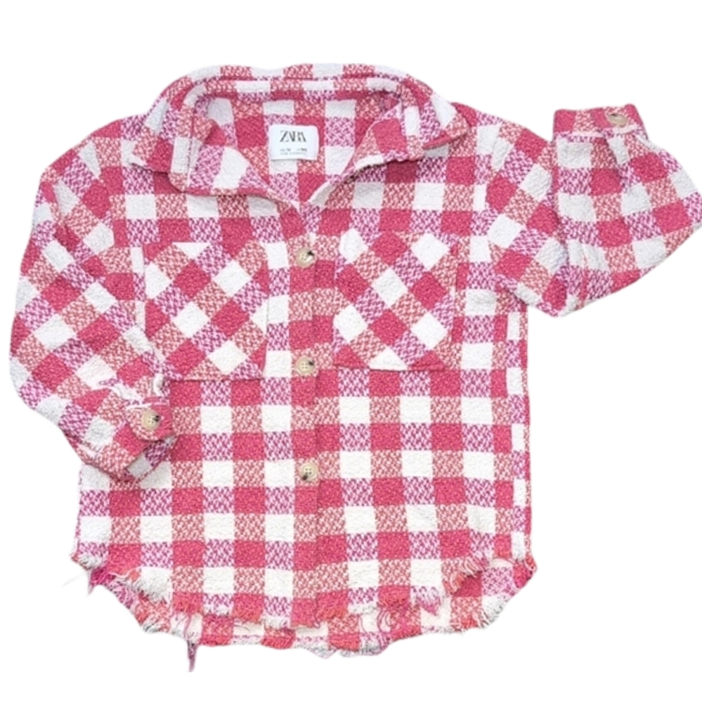Zara Kids Tweed Checkered Jacket Girls Size 10 Pink White Plaid Shacket Frayed